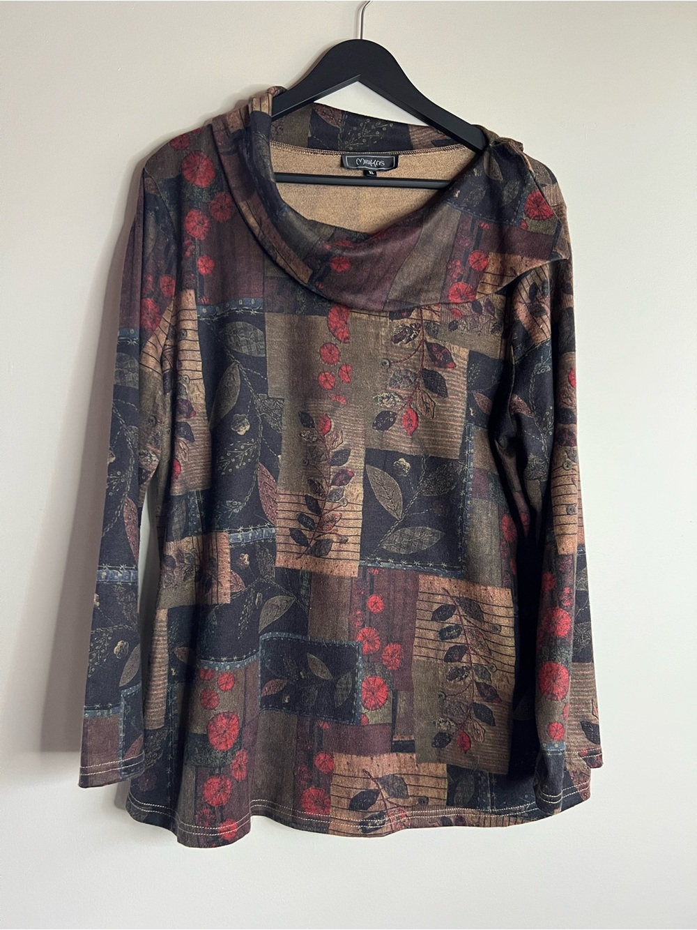 Minkas Patchwork Floral Cowl Neck Tunic Top XL Boho Artsy Long Sleeve Blouse